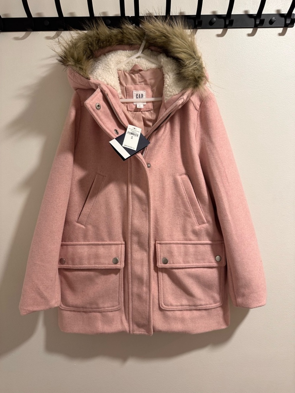 GAP girls Pink Hooded Coat with Faux Fur Trim